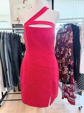 BCBGMaxAzria Dayne Asymmetrical shoulder sheath crepe dress in jewel red